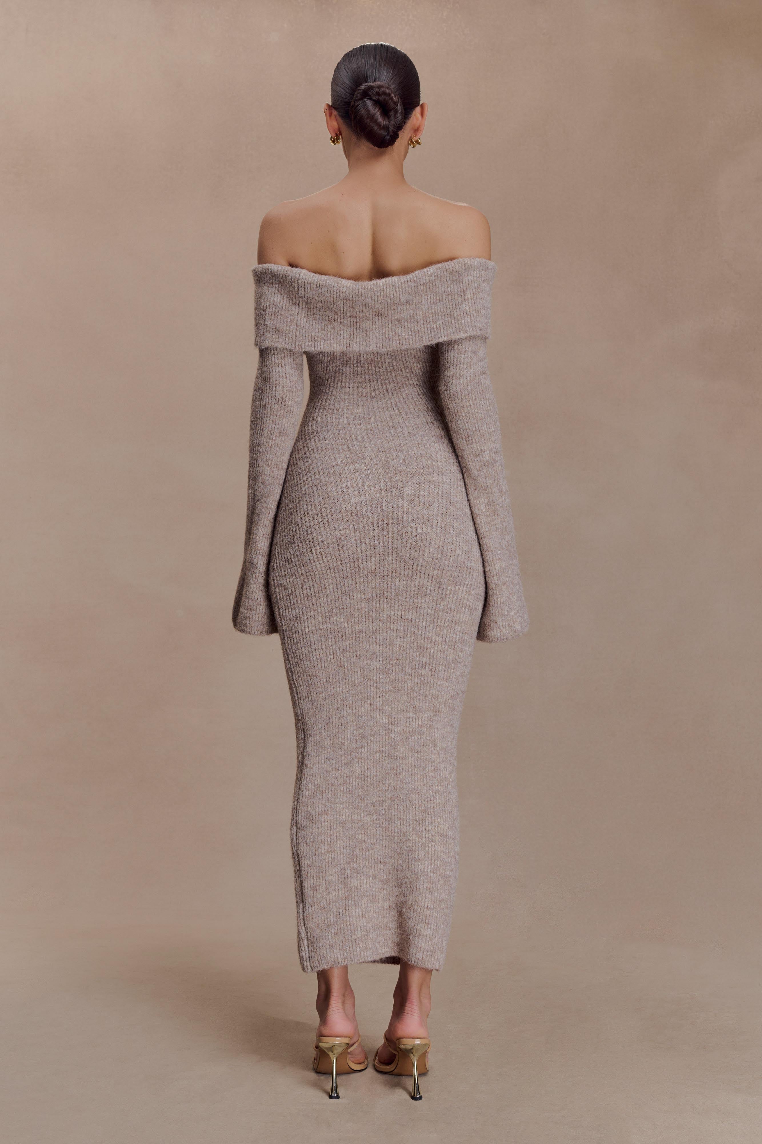 Baxter Off Shoulder Fluffy Knit Midi Dress - Taupe Marle